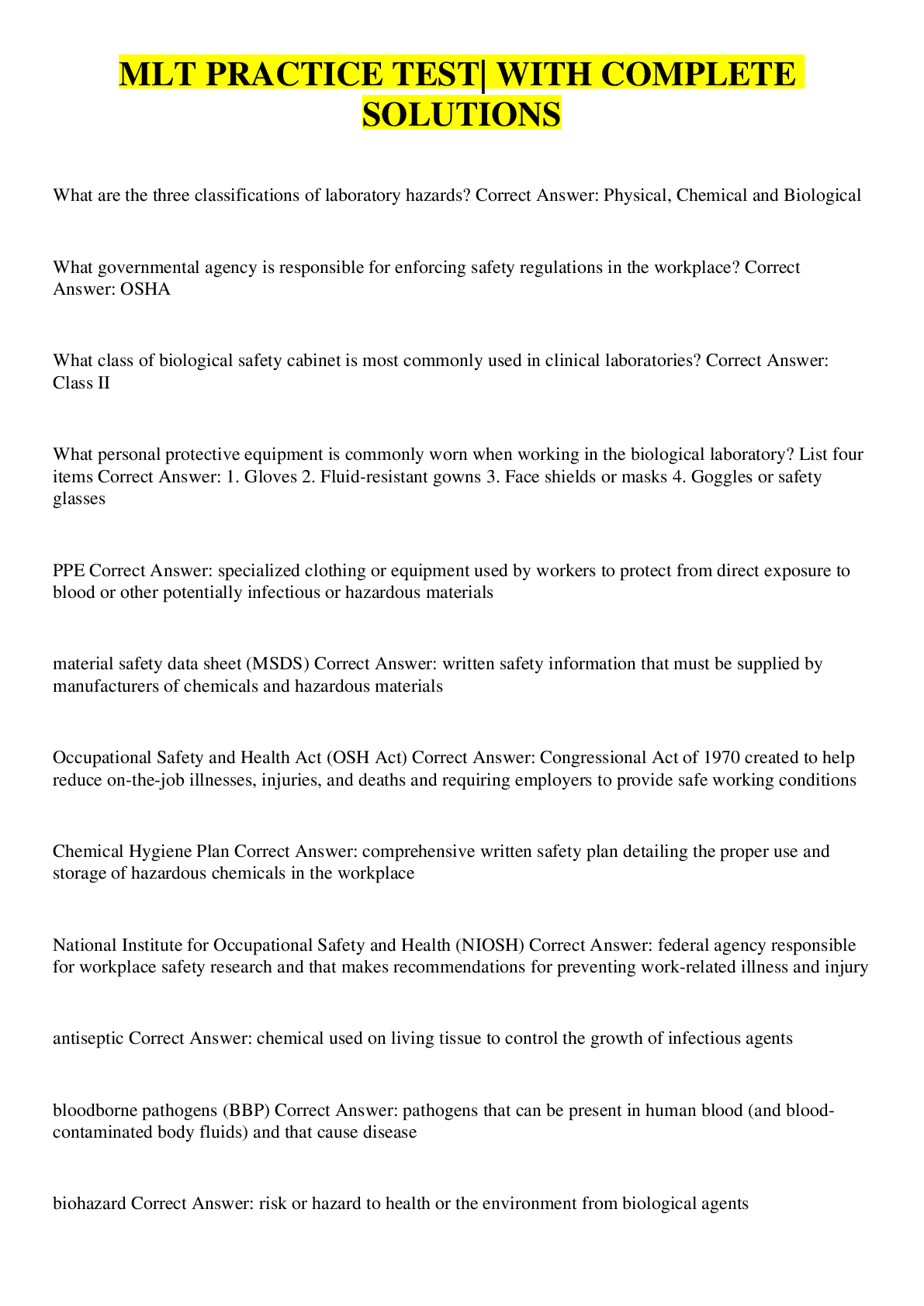 Preview image for MLT PRACTICE TEST| WITH COMPLETE SOLUTIONS